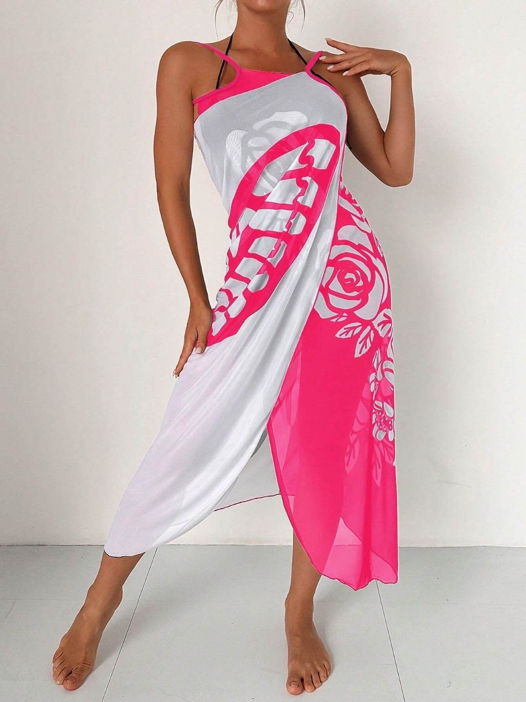 

Stylecast X KPOP Floral Printed Plunging Neck Swimwear Cover Up Dress, Pink