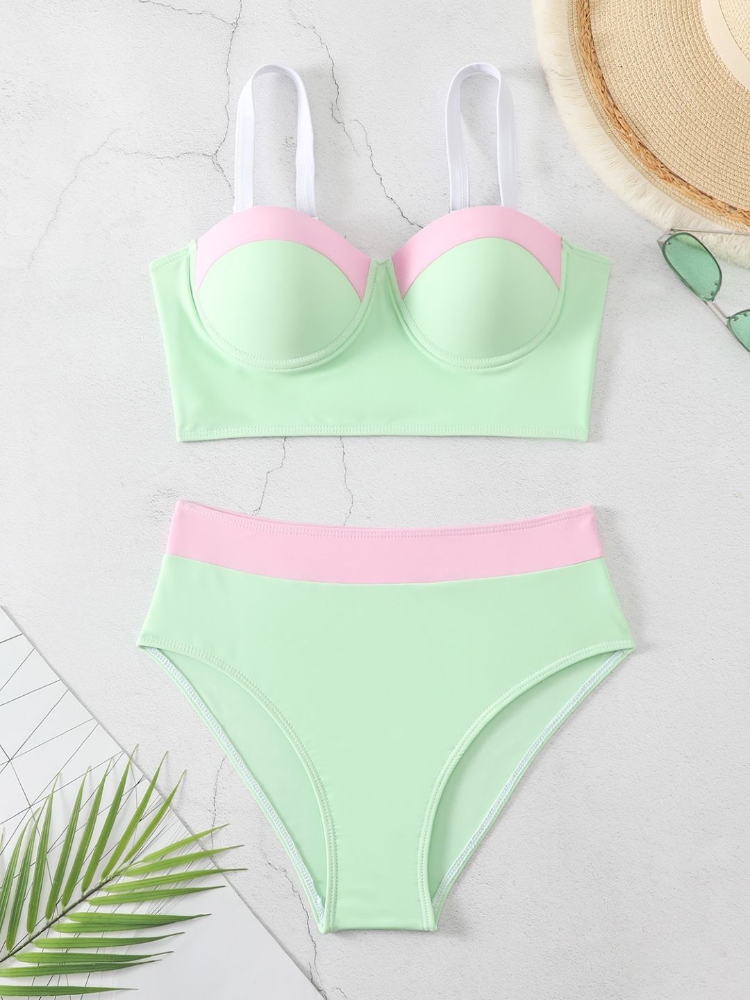 

Stylecast X KPOP Colorblocked Shoulder Straps Bikini Set, Green