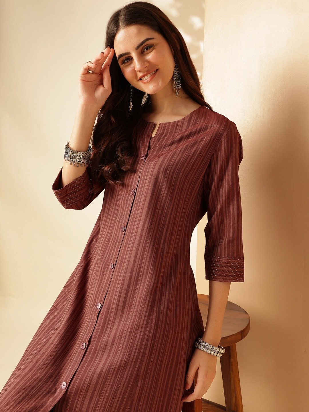 

Anouk Striped Thread Work DobbyPanelled Anarkali Kurta, Brown