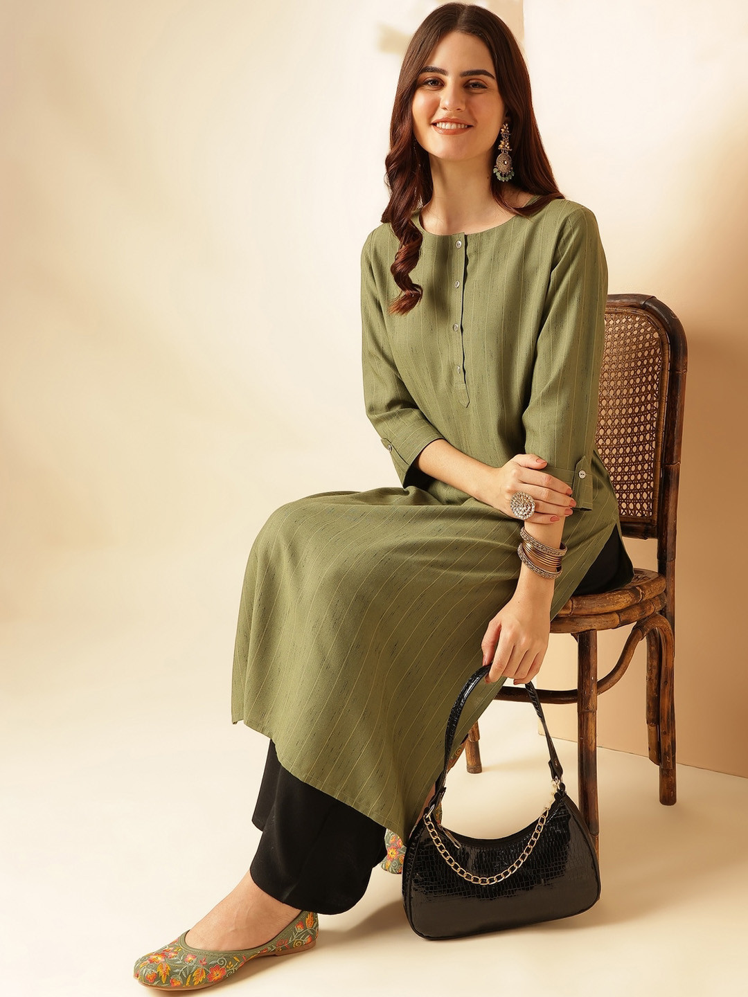 

Anouk Striped Thread Work Dobby Straight Kurta, Green