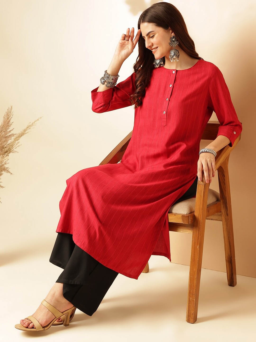 

Anouk Red Dobby Straight Kurta