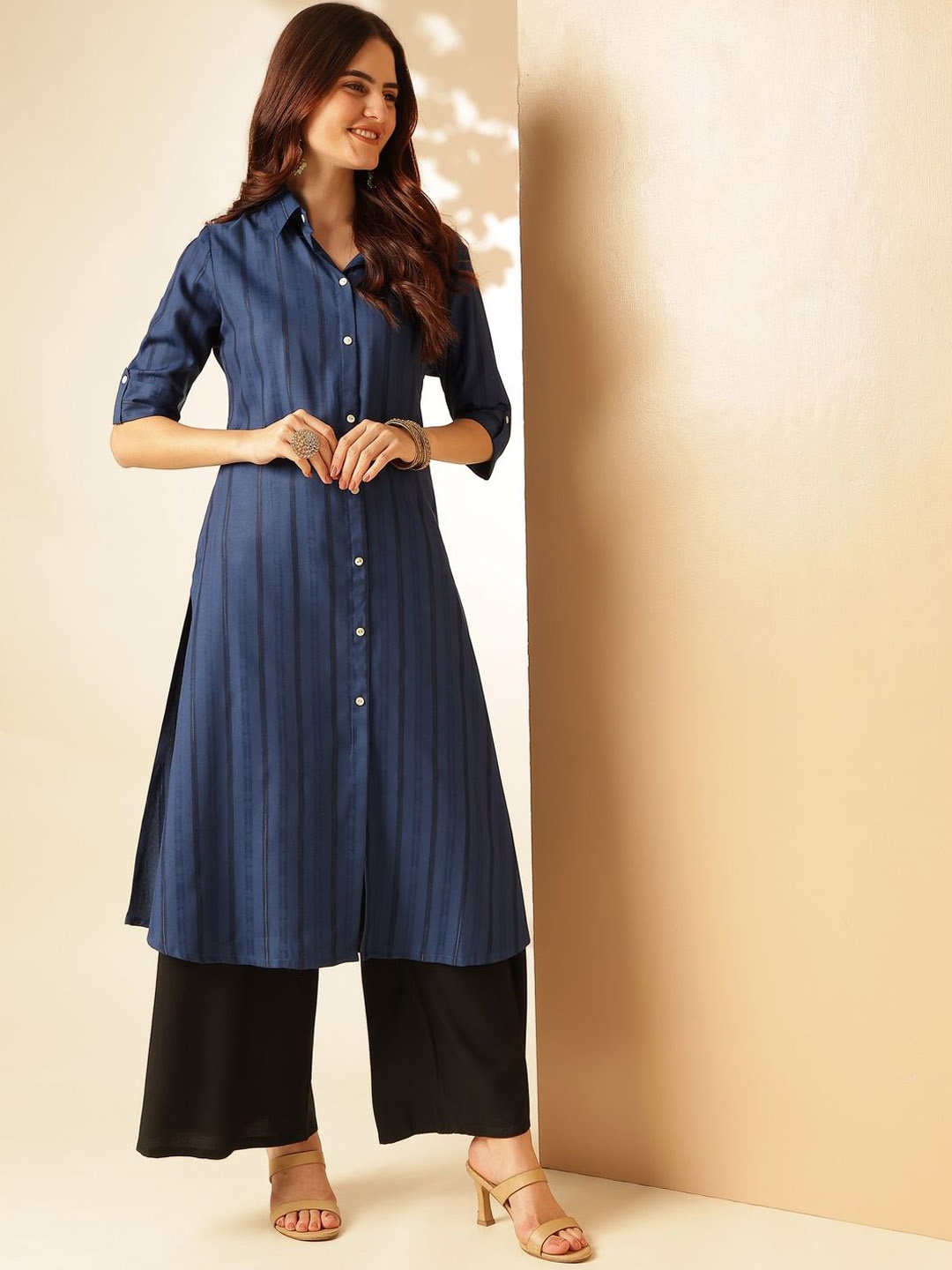 

Anouk Blue Striped Self Design Shirt Collar Regular A-Line Kurta