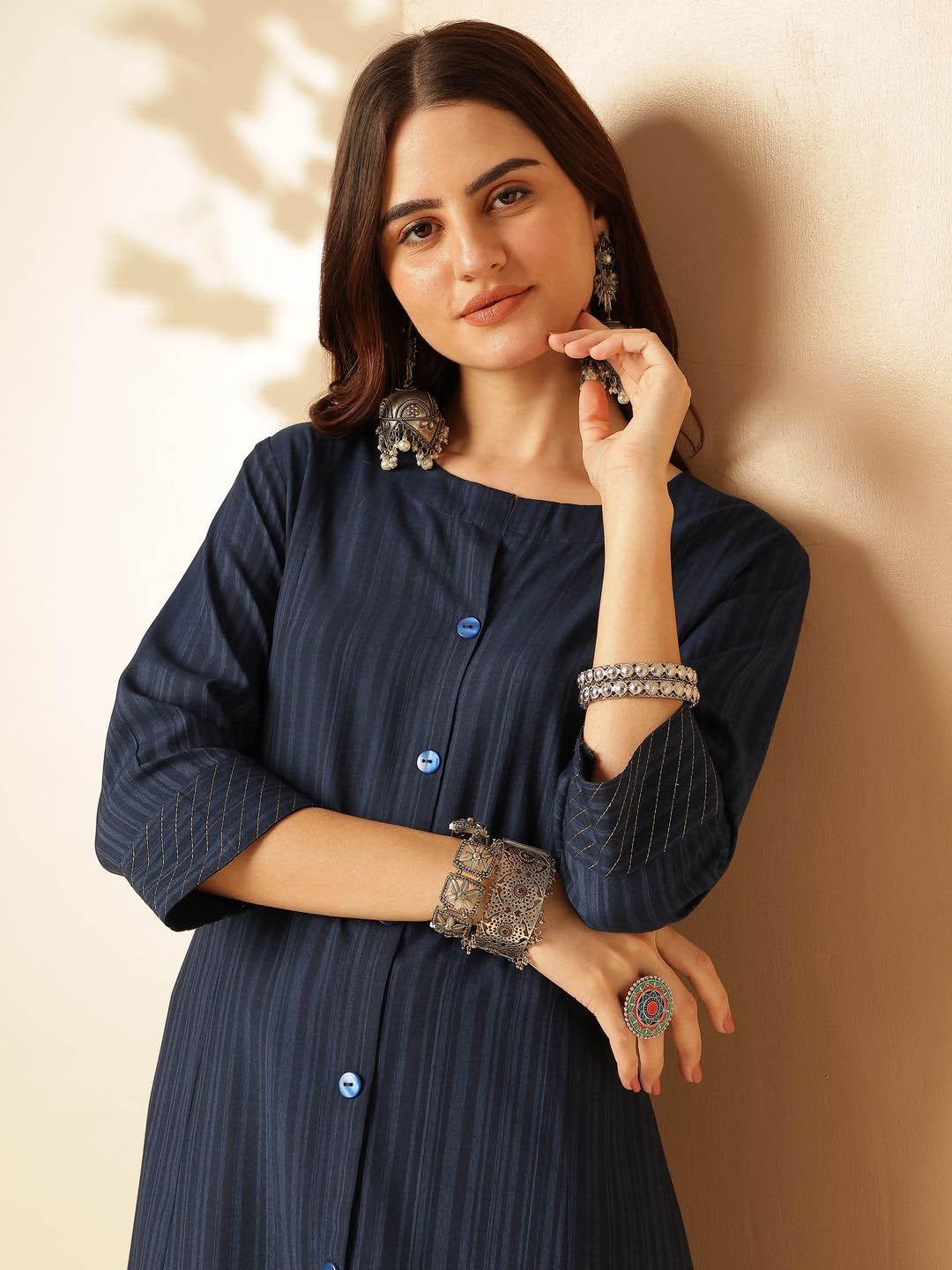 

Anouk Navy Blue Striped Self Design Round Neck Regular Anarkali Kurta