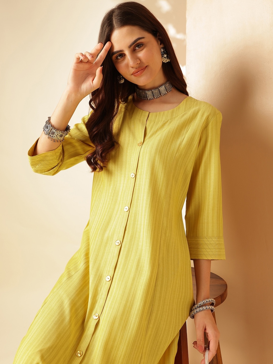 

Anouk Striped Round Neck Roll Up Sleeves Dobby A-Line Kurta, Yellow