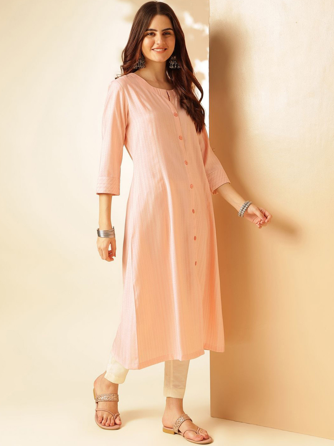 

Anouk Striped Woven Design Zari Dobby A-Line Kurta, Pink