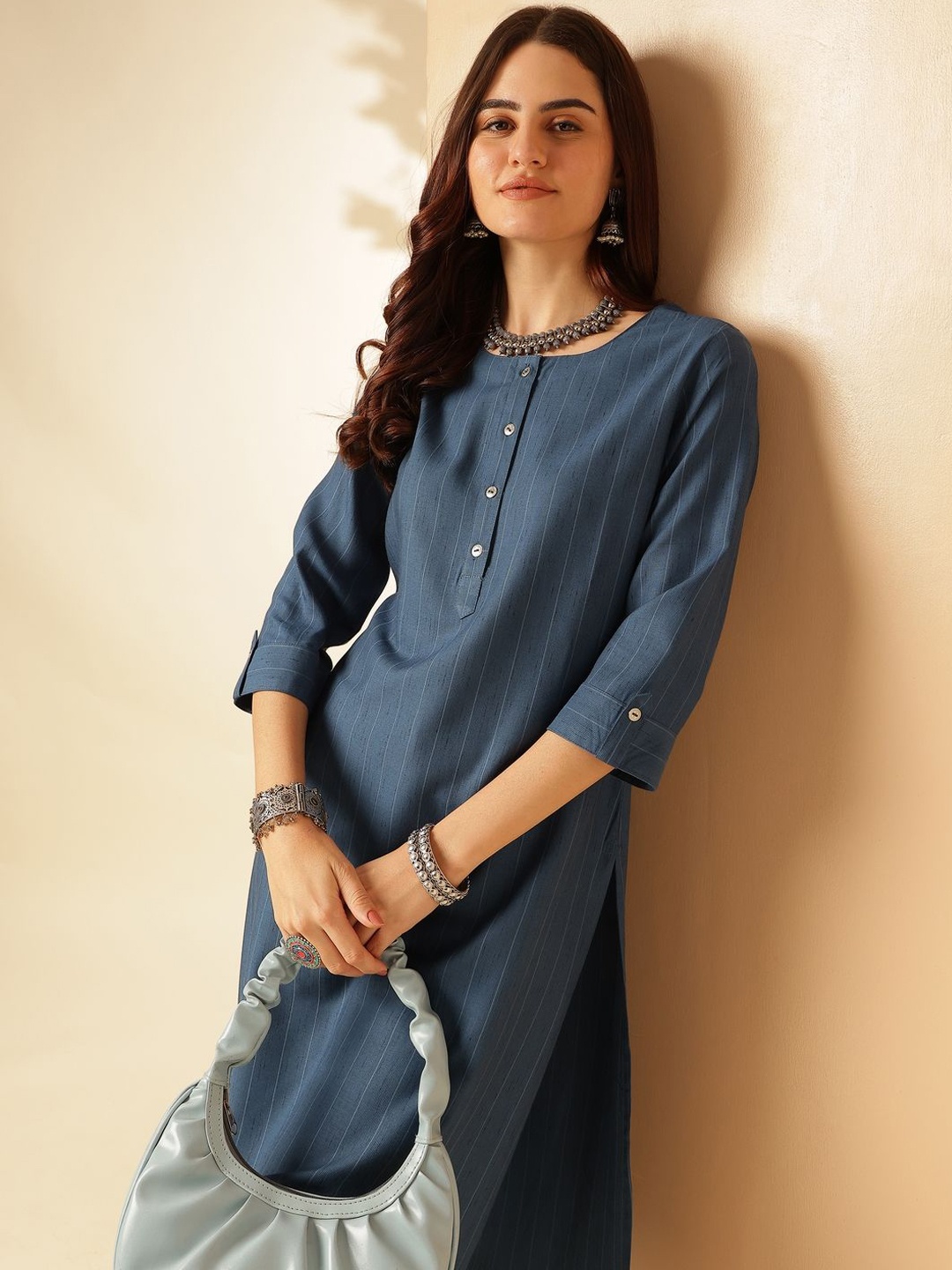 

Anouk Blue Striped Self Design Round Neck Regular Straight Kurta