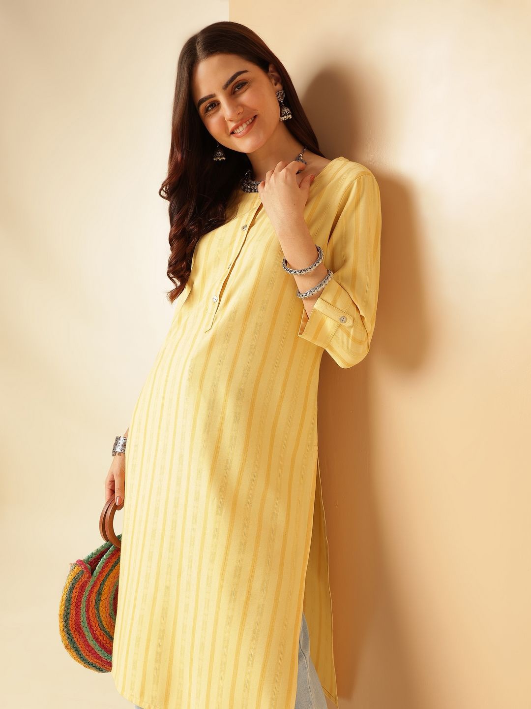 

Anouk Striped Thread Work Dobby Panelled A-Line Kurta, Yellow