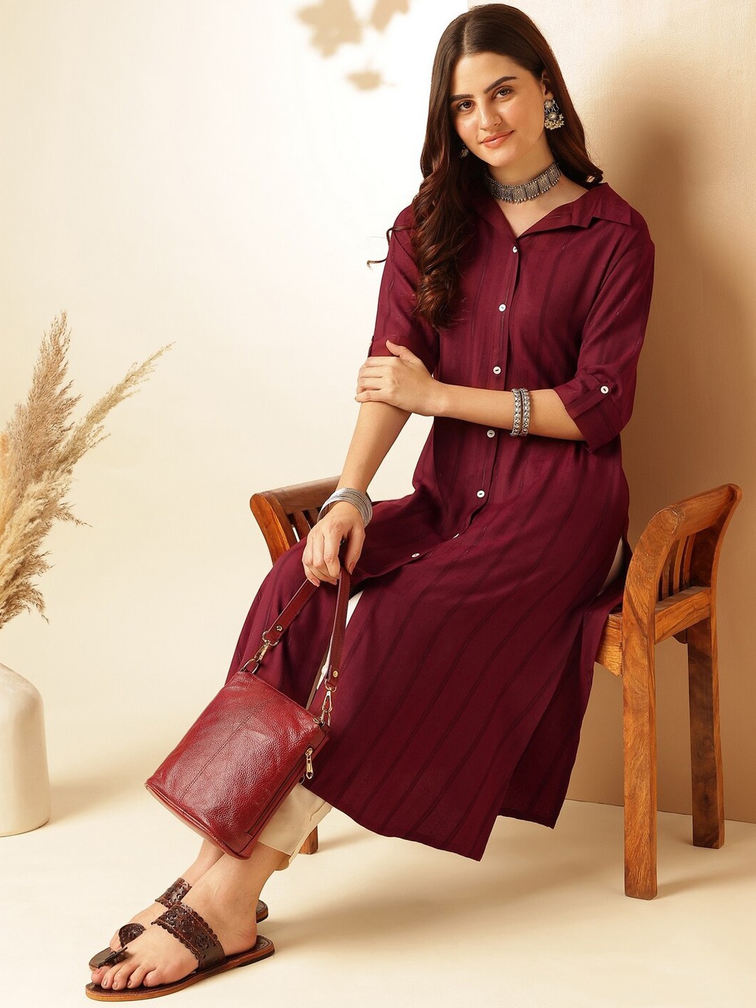 

Anouk Maroon Striped Self Design Shirt Collar Regular A-Line Kurta