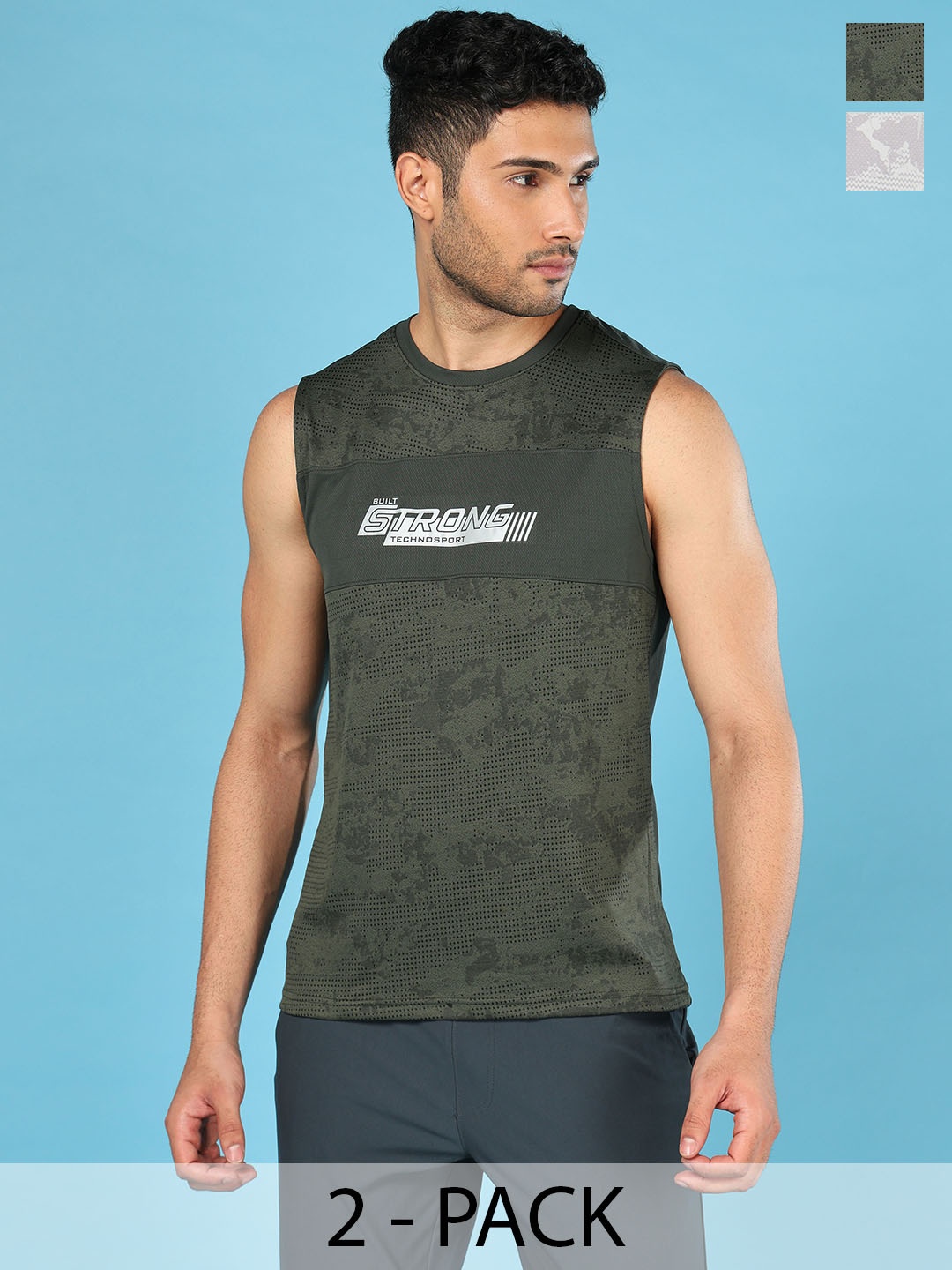 

Technosport Pack Of 2 Printed Sleeveless Slim Fit Gym Innerwear Vests, Green