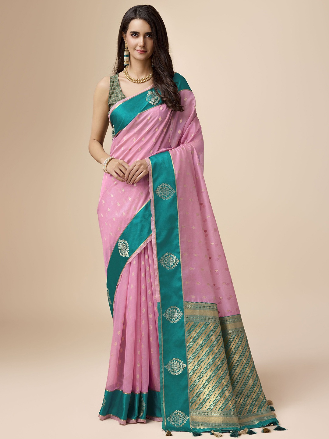 

Mitera Woven Design Zari Organza Saree, Pink