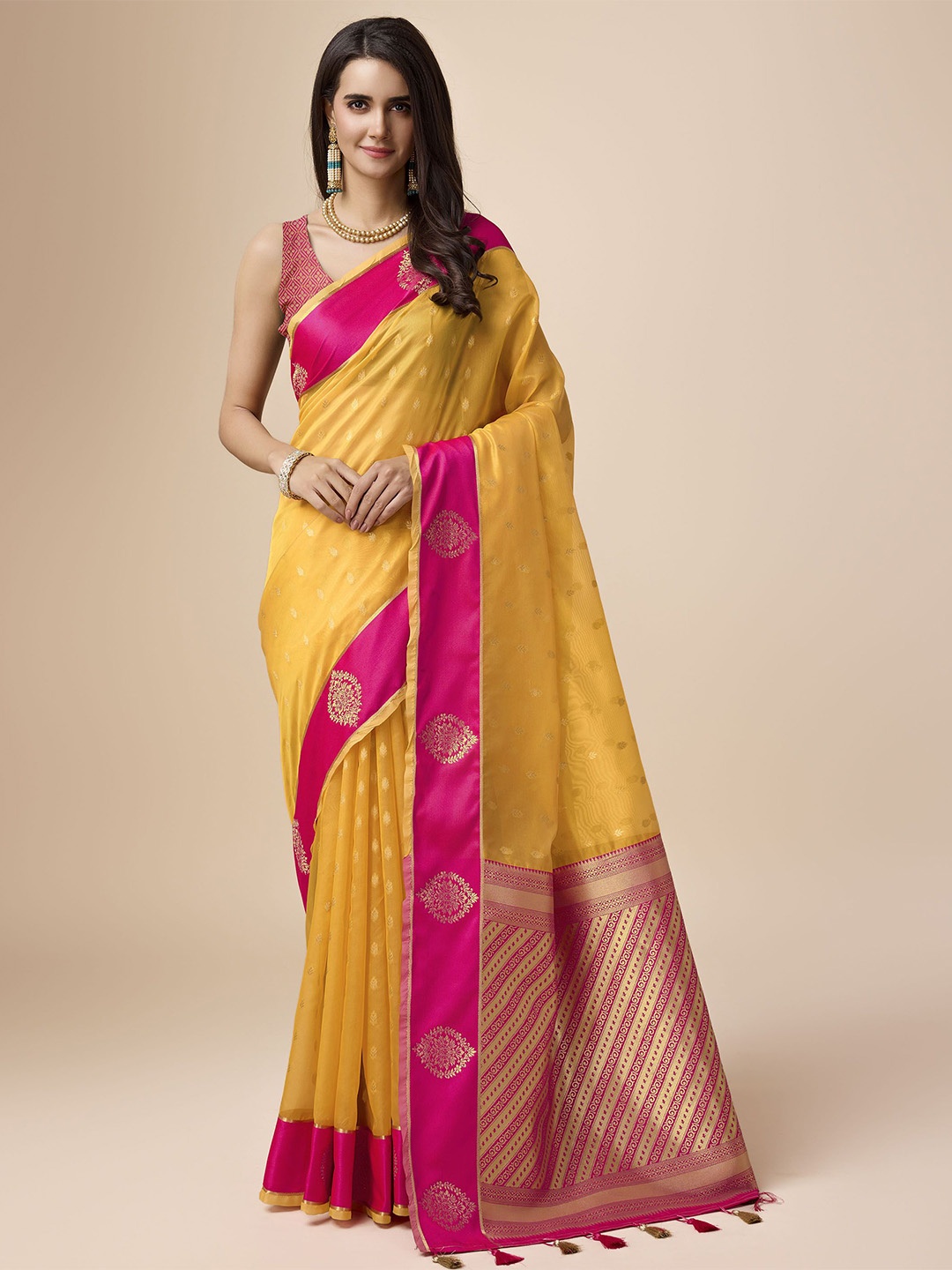 

Mitera Woven Design Zari Organza Saree, Yellow