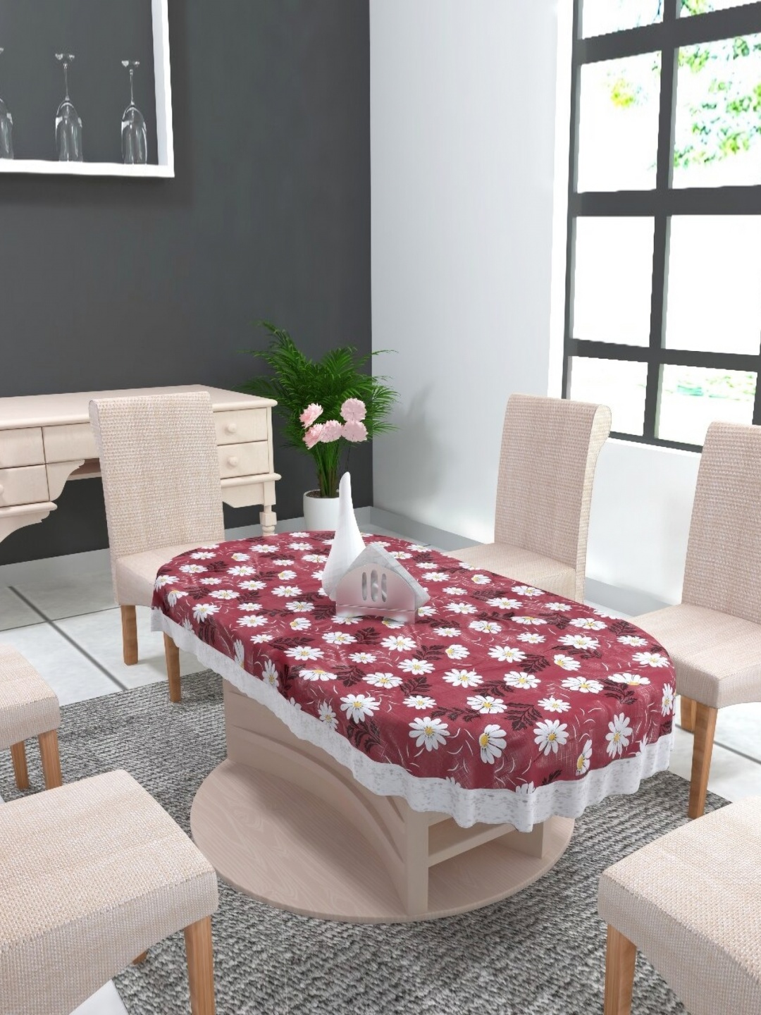 MONKDECOR Red Floral Waterproof Oval 6-Seater Table Cover
