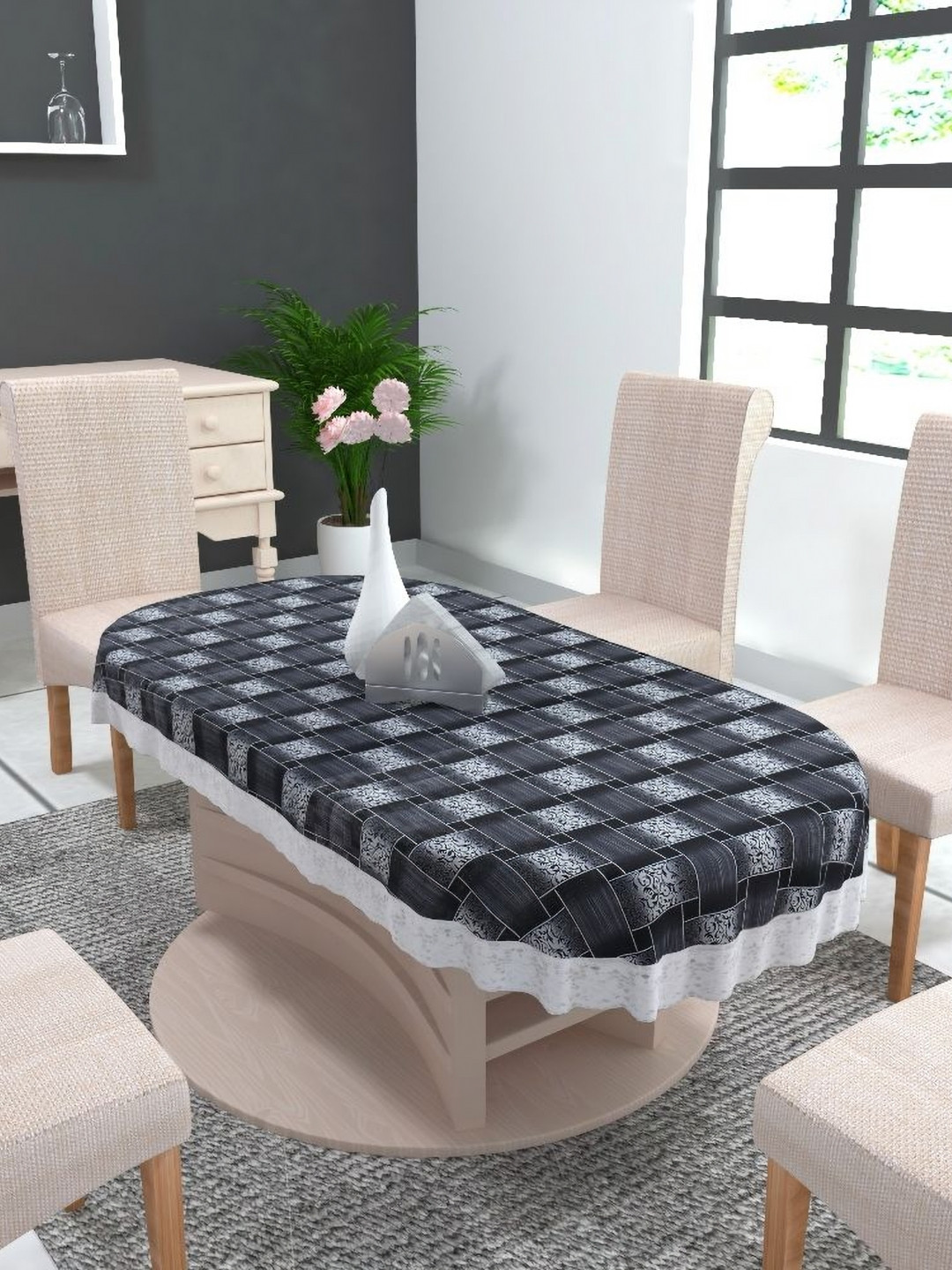 

MONKDECOR Grey Geometric Printed Oval 8-Seater Table Cover