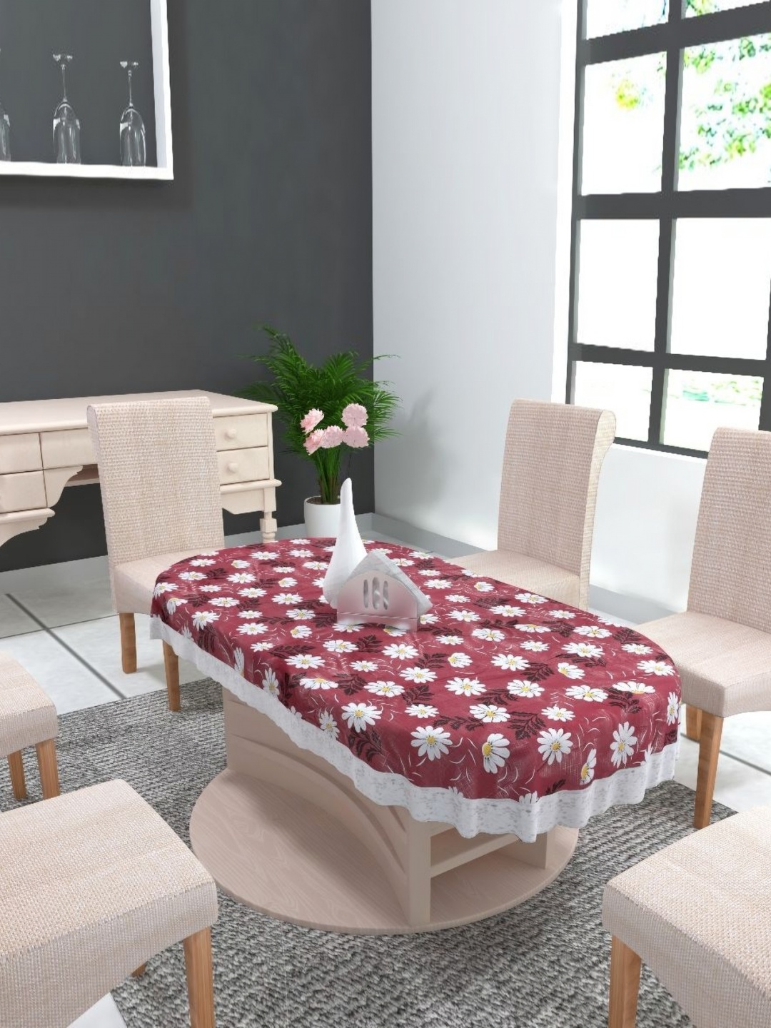 MONKDECOR Red Floral Waterproof Oval 8-Seater Table Cover