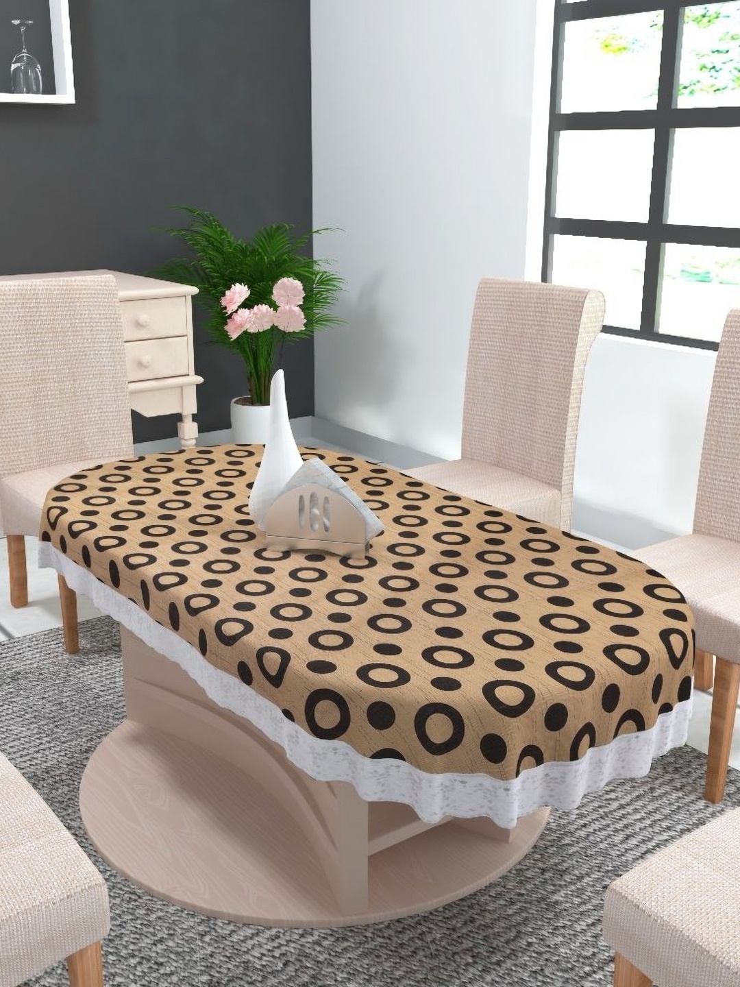 

MONKDECOR Brown Geometric Printed Waterproof Oval 8-Seater Table Cover