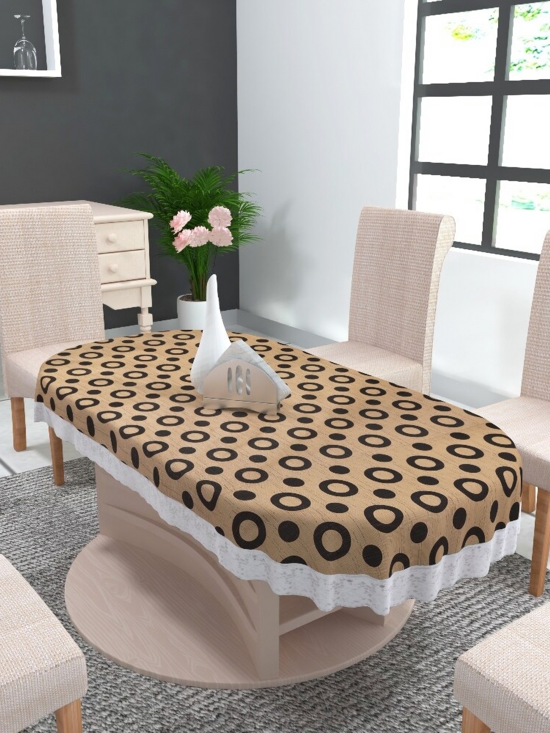 

MONKDECOR Brown Geometric Printed Oval 6-Seater Table Cover