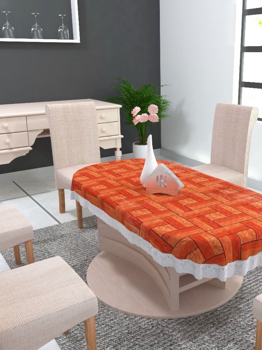 

MONKDECOR Orange Geometric Printed Oval 8-Seater Table Cover
