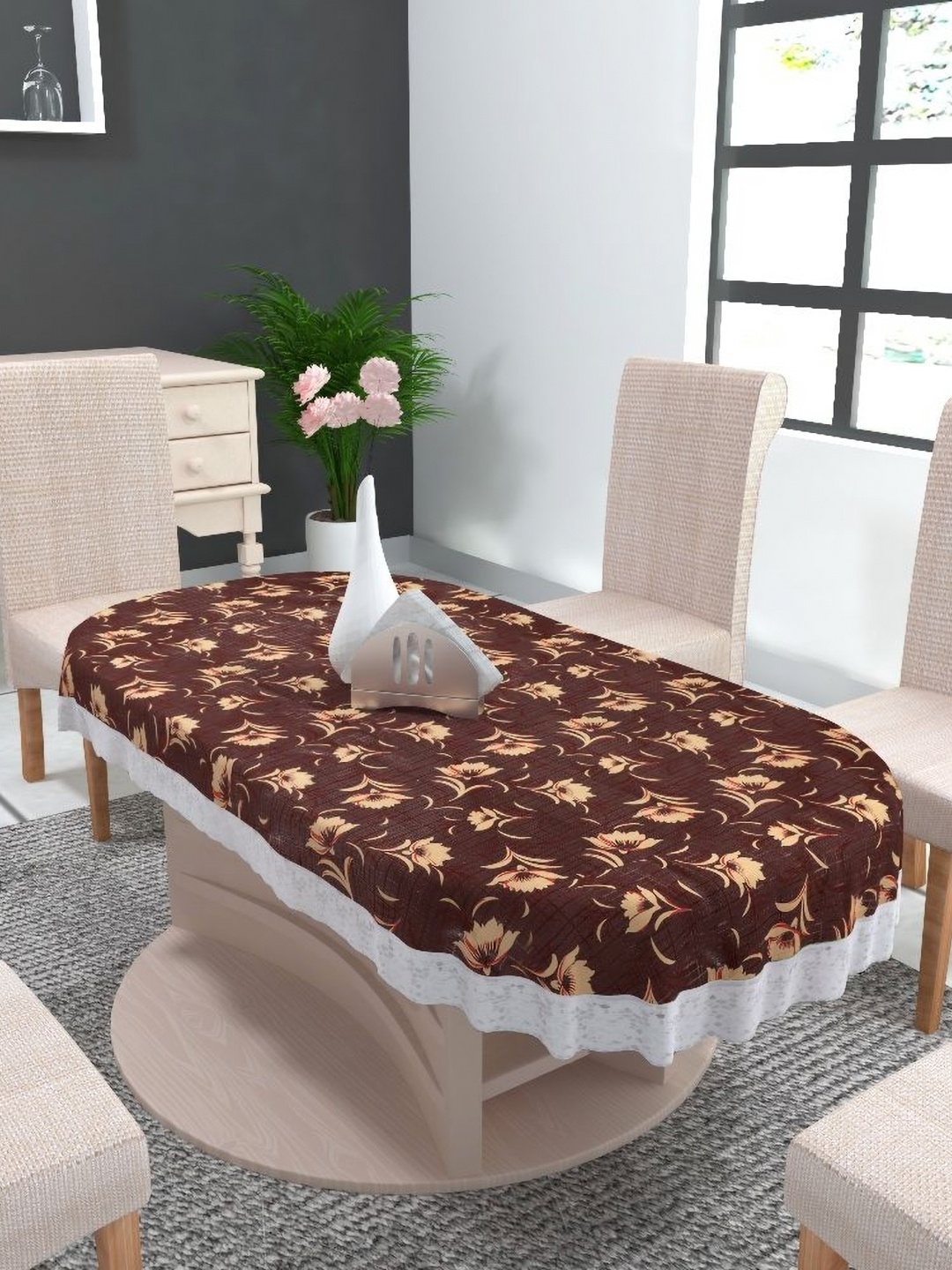 MONKDECOR Brown Floral Oval 6-Seater Table Cover