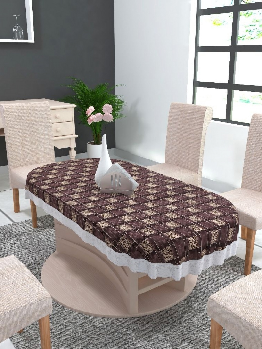 MONKDECOR Brown Geometric Printed Waterproof Oval 6-Seater Table Cover