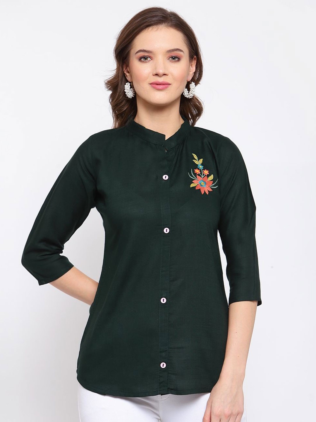 

KALINI Mandarin Collar Shirt Style Top, Green