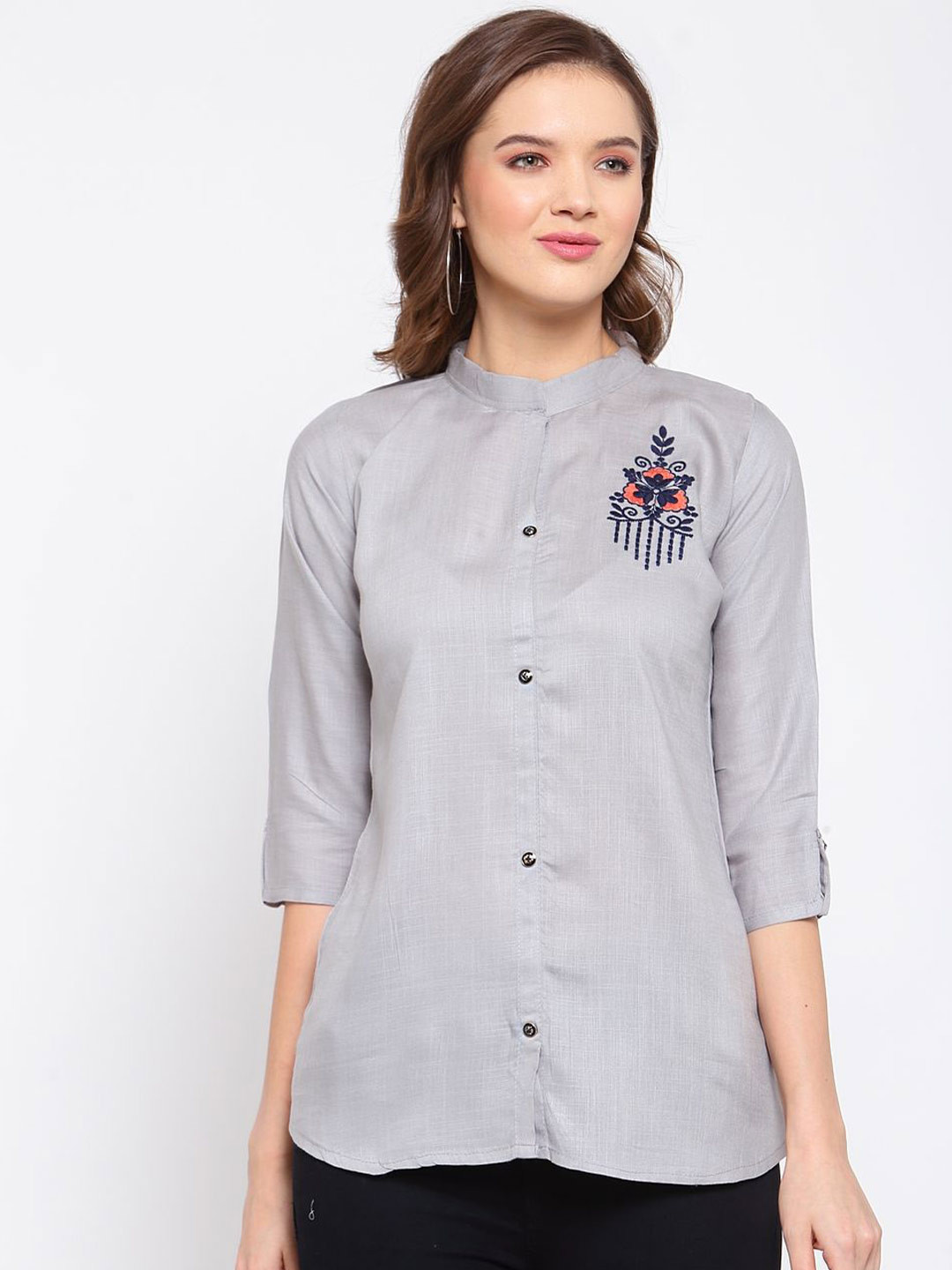 

KALINI Mandarin Collar Embroidered Shirt Style Top, Grey