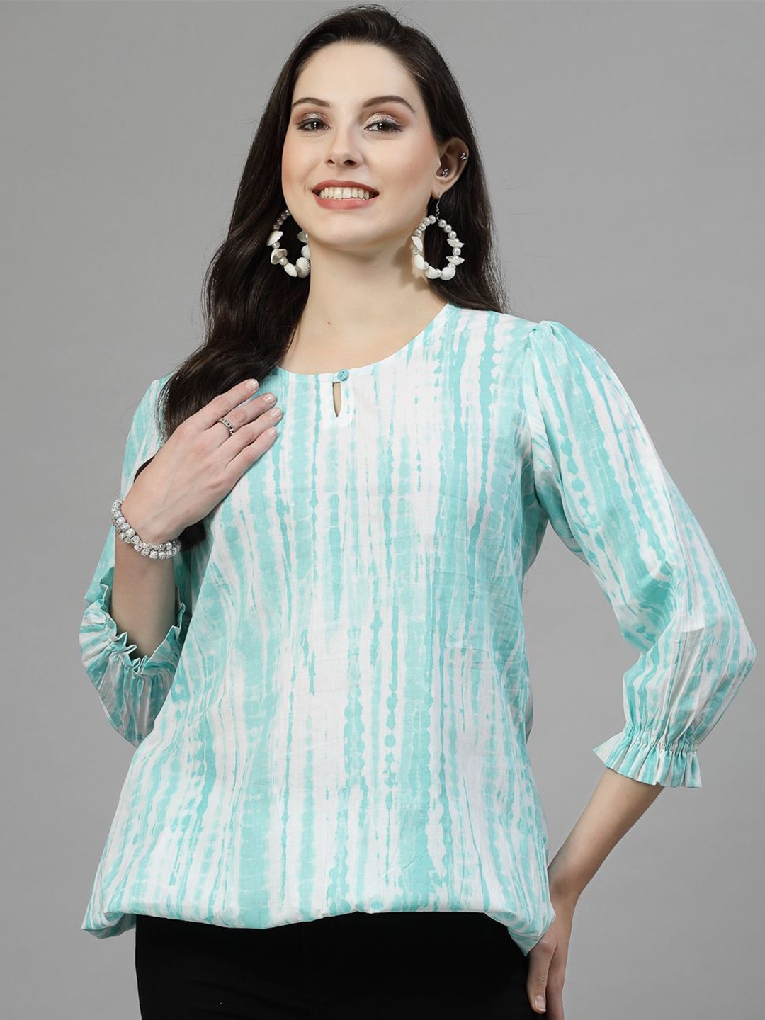 

SkyaSia Shibori Printed Keyhole Neck Cuffed Sleeves Cotton Tunic, Blue
