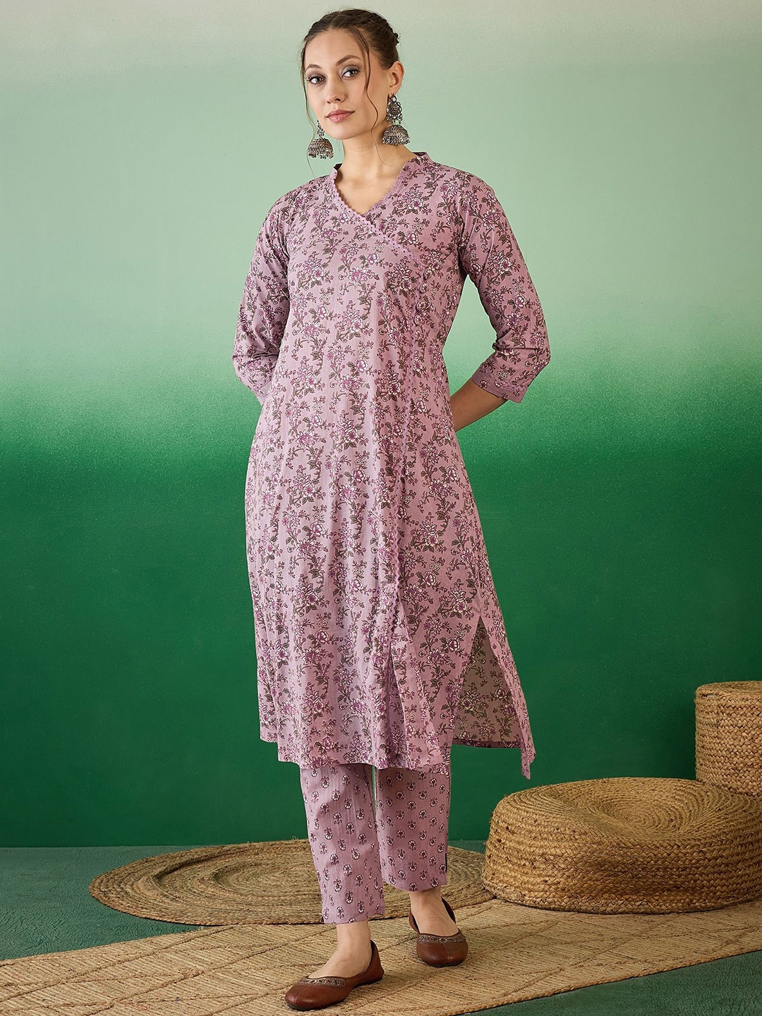 

KAVINDI Floral Printed Angrakha Pure Cotton Straight Kurta with Trousers, Mauve