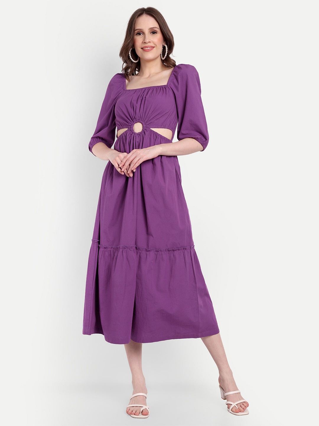 

DRAPE AND DAZZLE Cut-Outs Cotton Fit & Flare Midi Dress, Purple