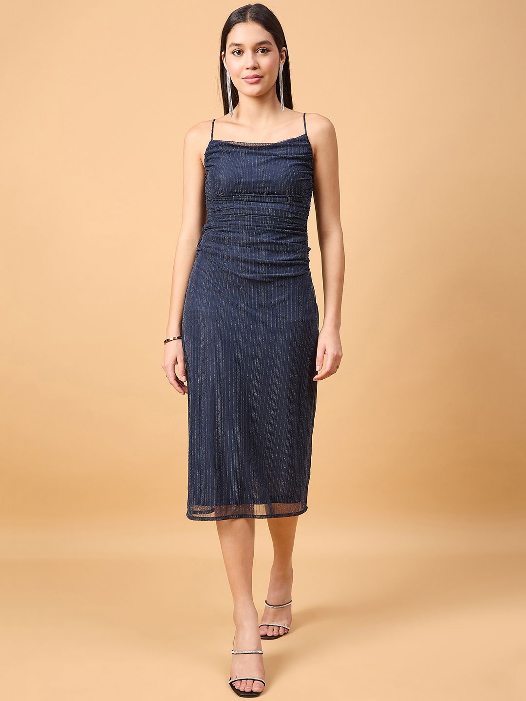 

DRAPE AND DAZZLE Embellished Shoulder Straps Net Sheath Midi Dress, Navy blue