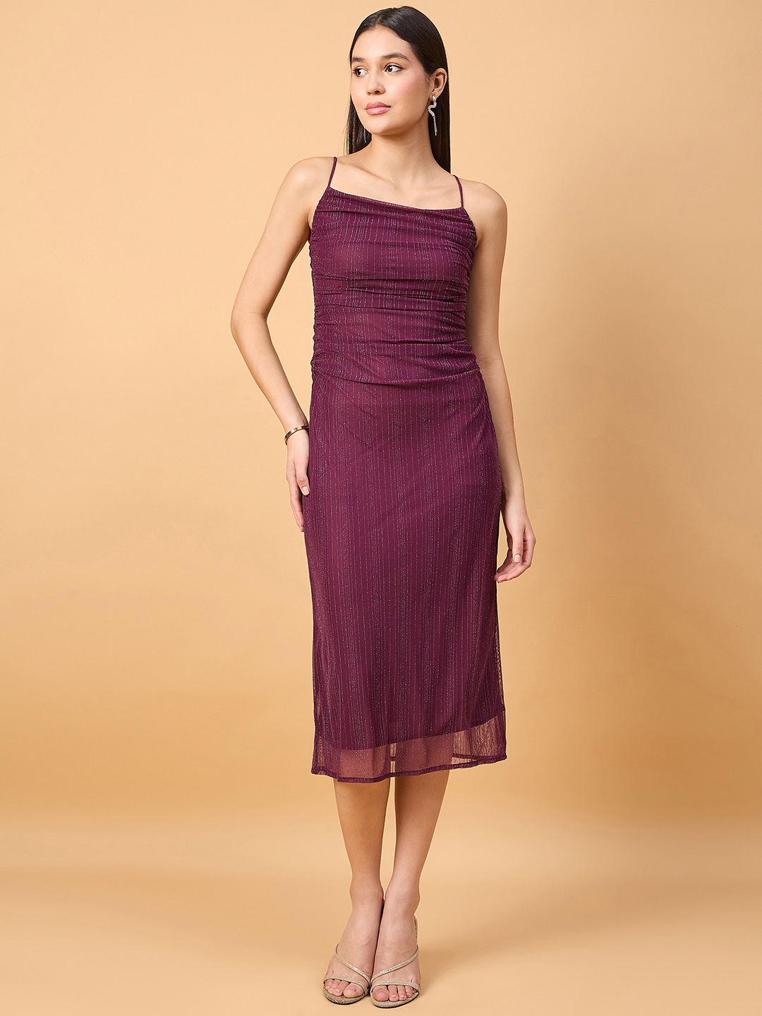 

DRAPE AND DAZZLE Shoulder Straps Net Sheath Midi Dress, Maroon