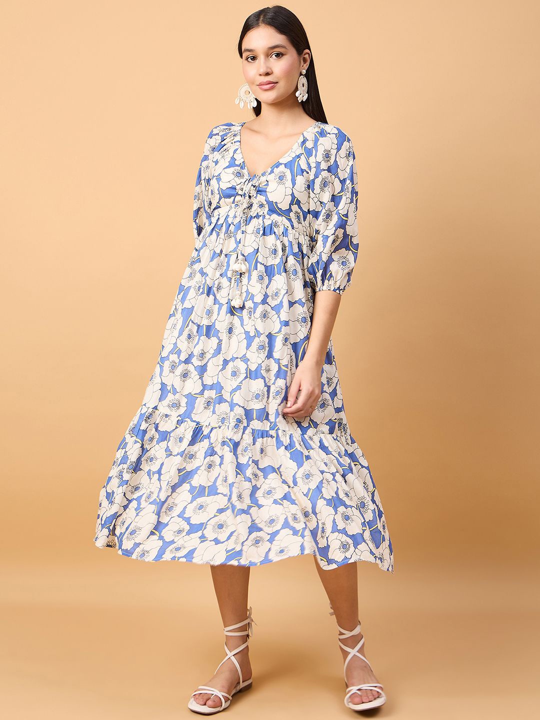 

DRAPE AND DAZZLE Floral Printed Cotton Fit & Flare Midi Dress, Blue