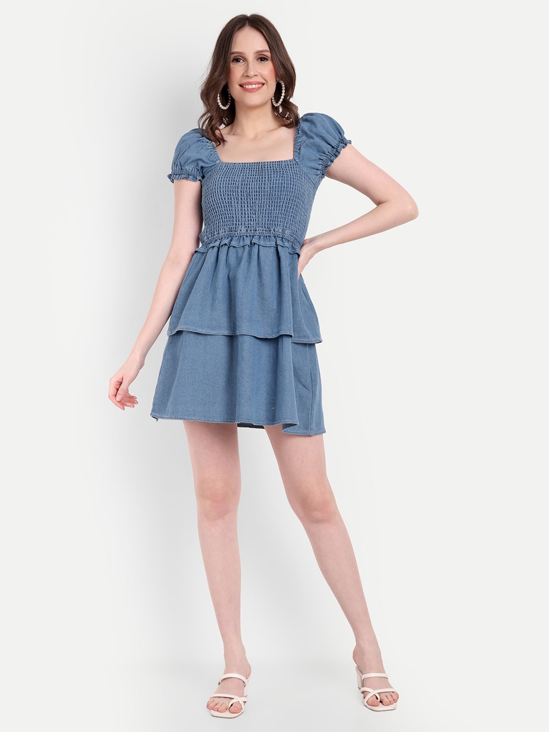 

DRAPE AND DAZZLE Self Design Denim Fit & Flare Mini Dress, Blue