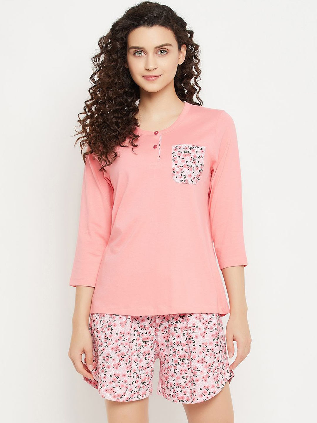 

Clovia Round Neck Pure Cotton Night suit, Pink