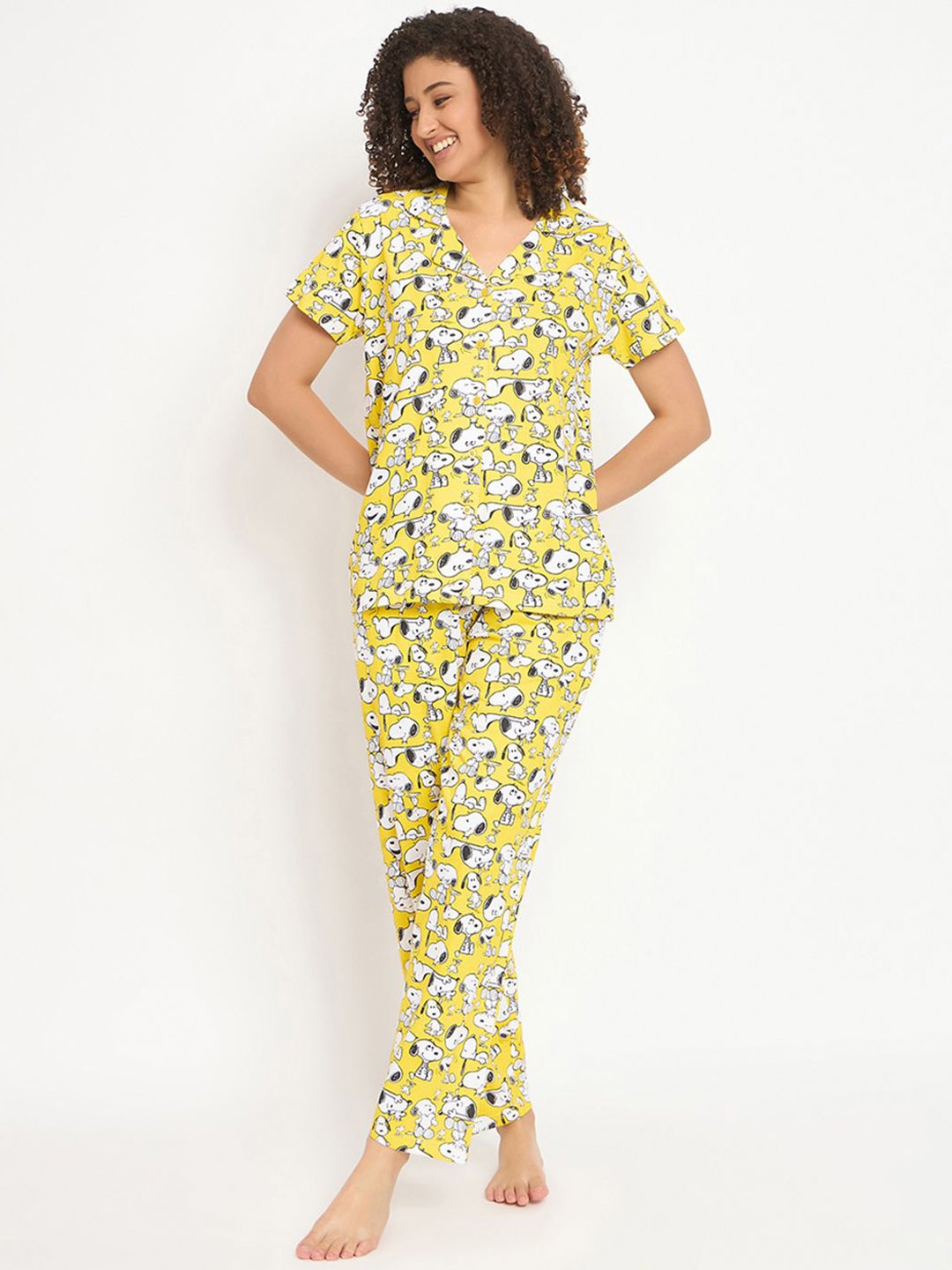 

Clovia Printed Cotton Shirt With Pyjamas, Yellow