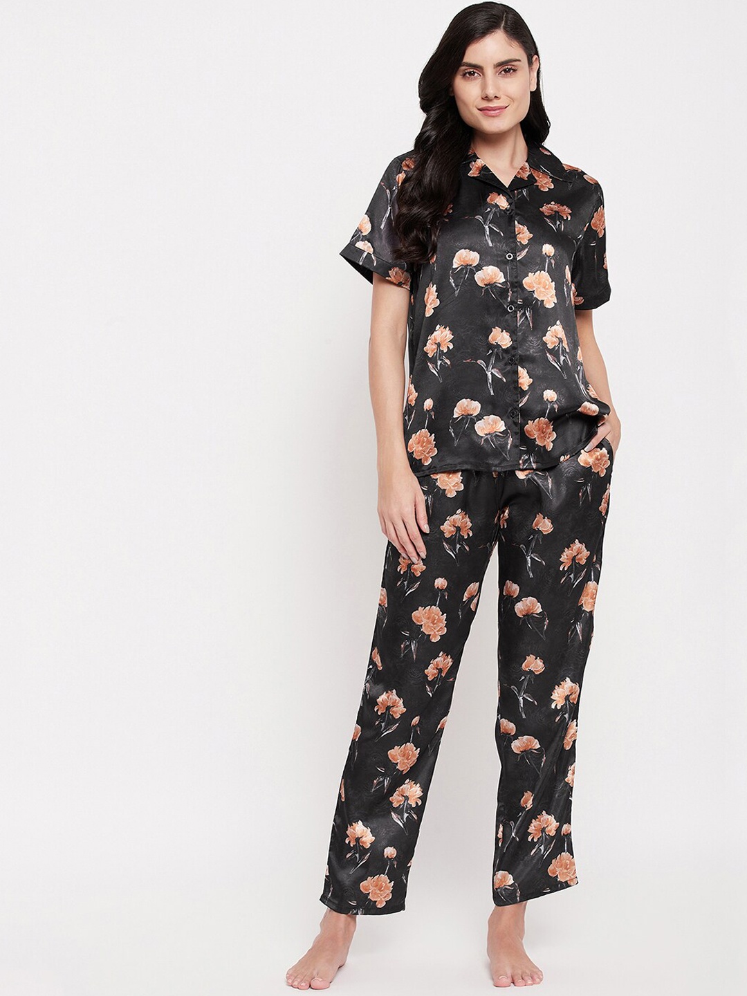 

Clovia Floral Printed Satin Night suit, Black