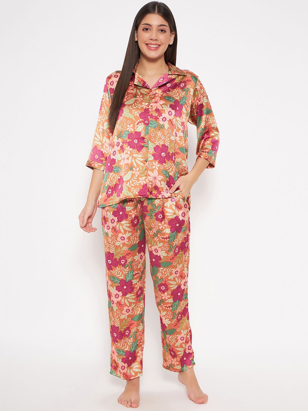

Clovia Floral Printed Satin Shirt With Pyjamas, Brown