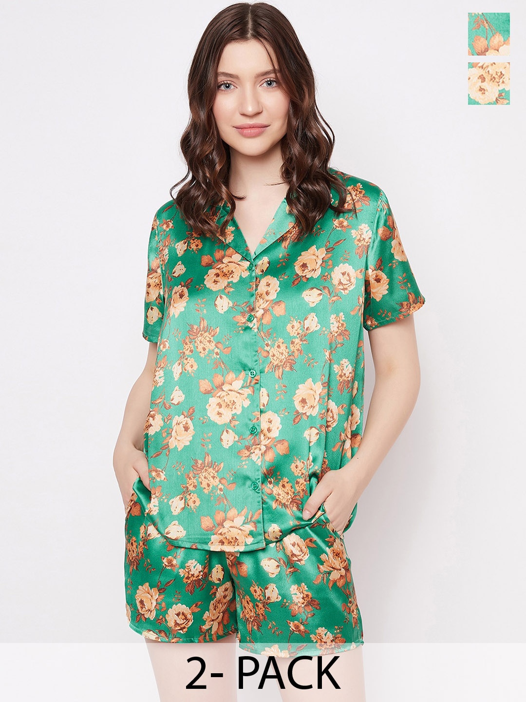 

Clovia Pack of 2 Floral Printed Satin Night suit, Green