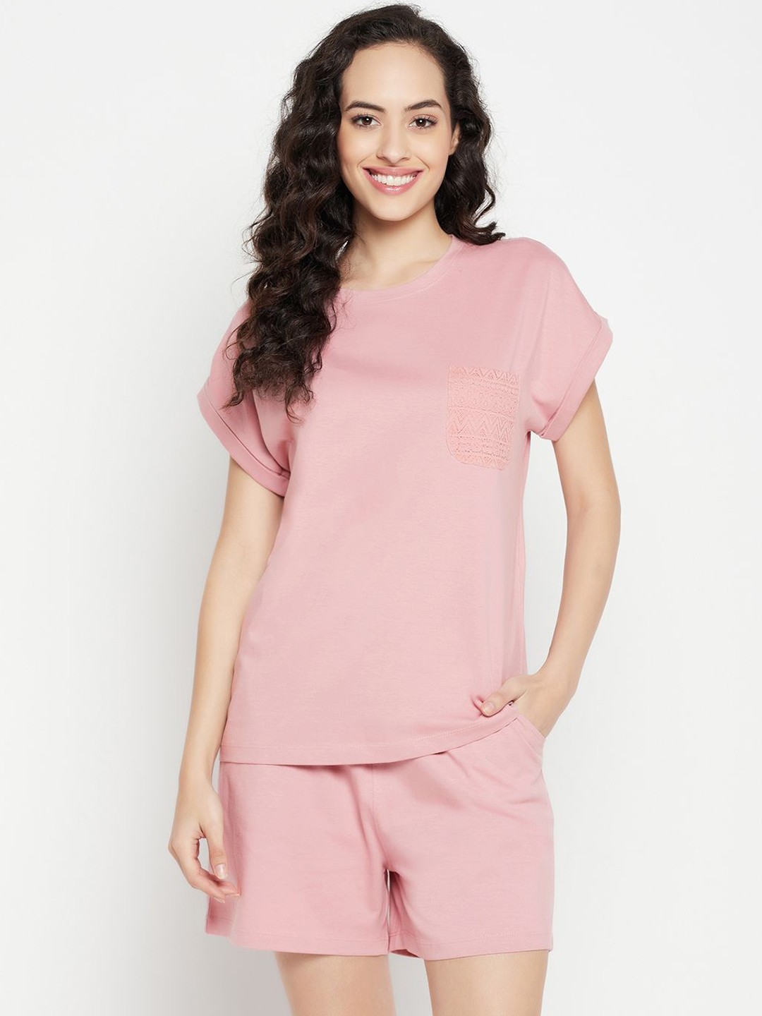 

Clovia Round Neck Pure Cotton Night suit, Pink