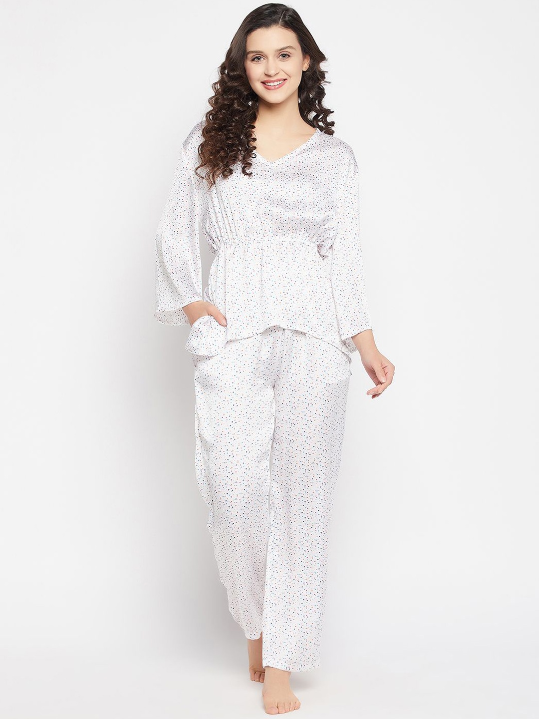 

Clovia Polka Dots Printed Satin Top With Pyjamas, White