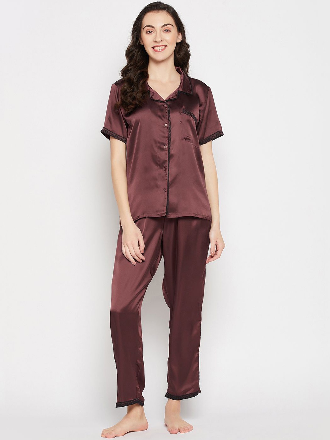 

Clovia Lapel Collar Satin Night suit, Brown