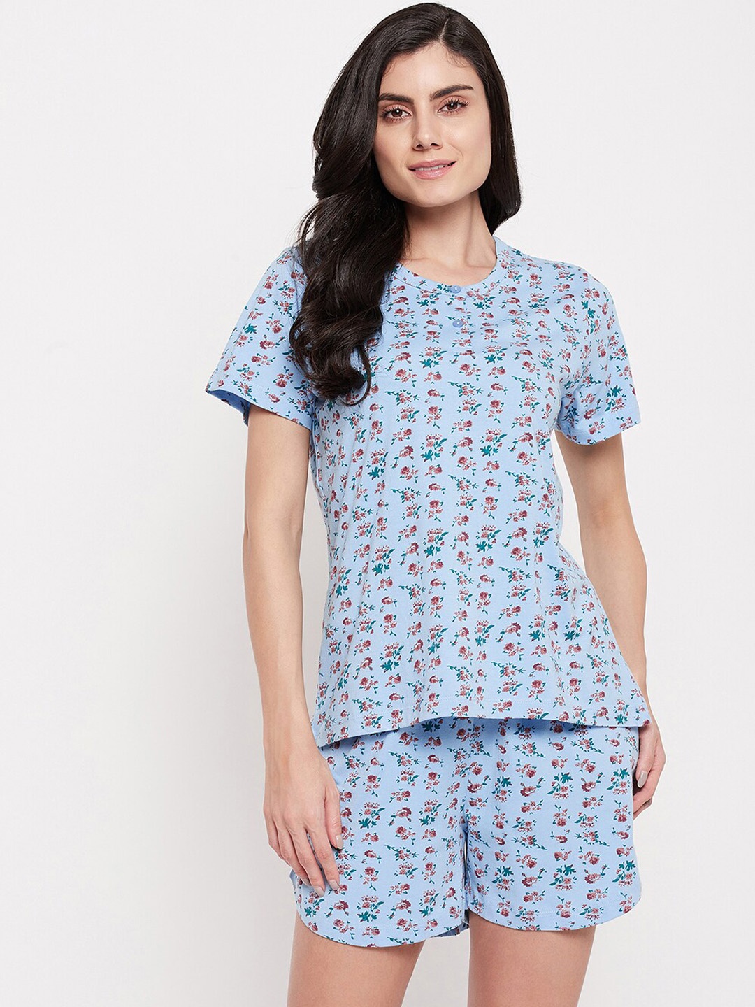 

Clovia Floral Printed Pure Cotton Night suit, Blue
