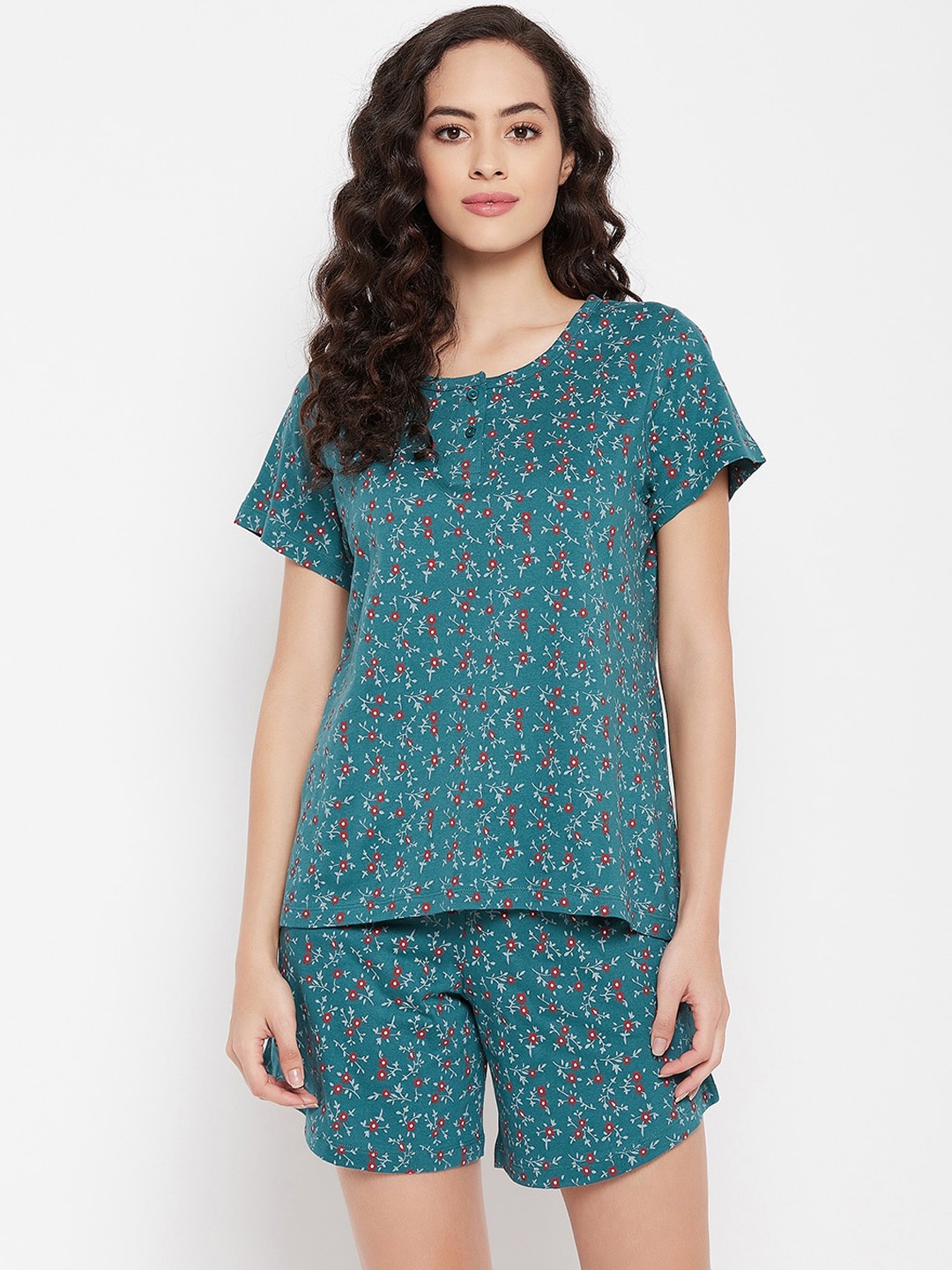 

Clovia Floral Printed Pure Cotton Night suit, Teal