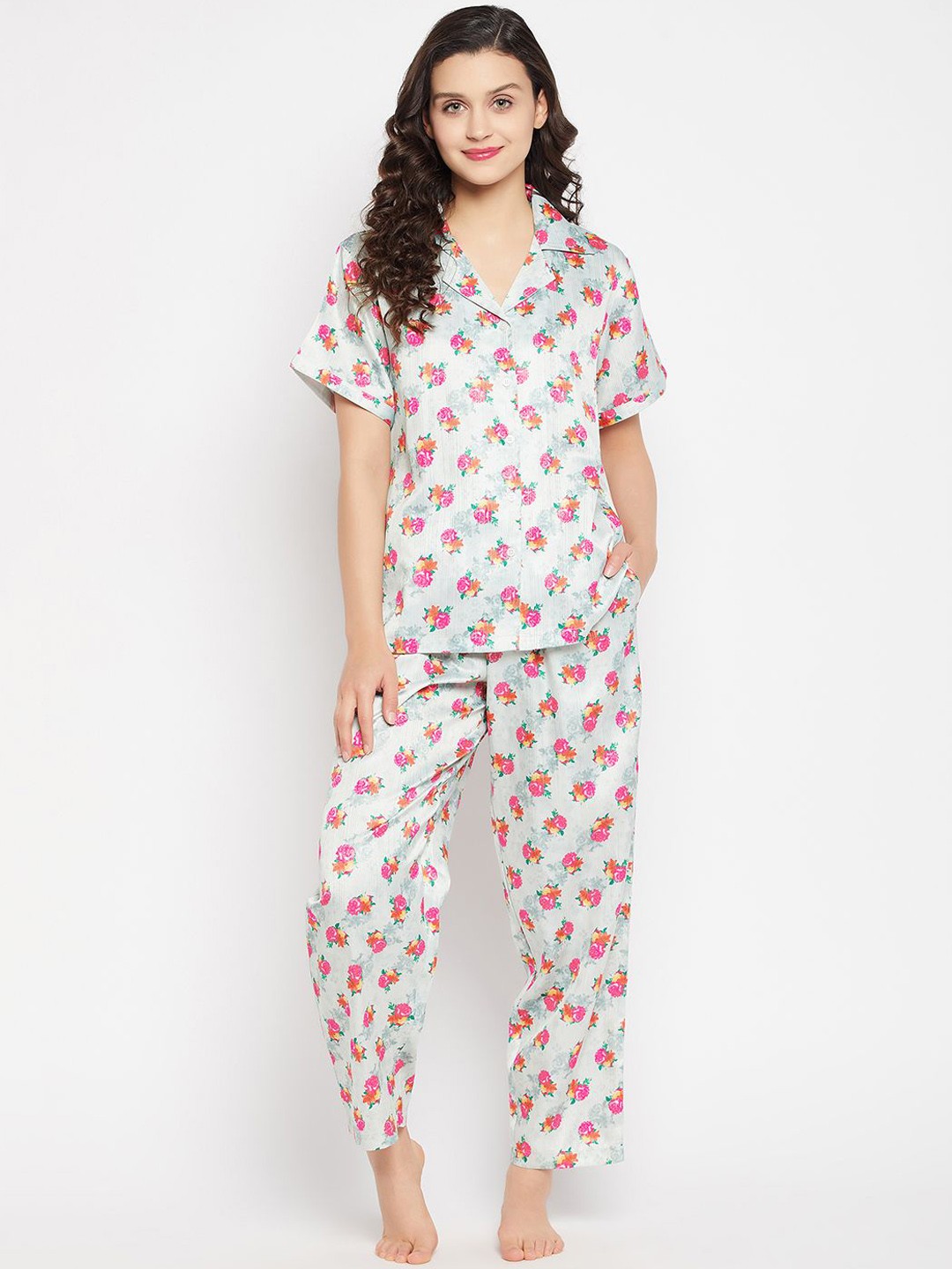 

Clovia Floral Printed Satin Night suit, Grey