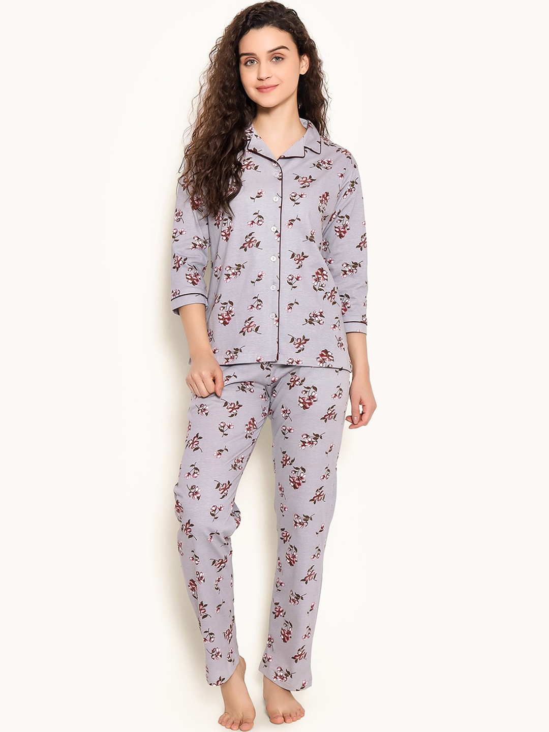 

Clovia Printed Cotton Night suit, Grey