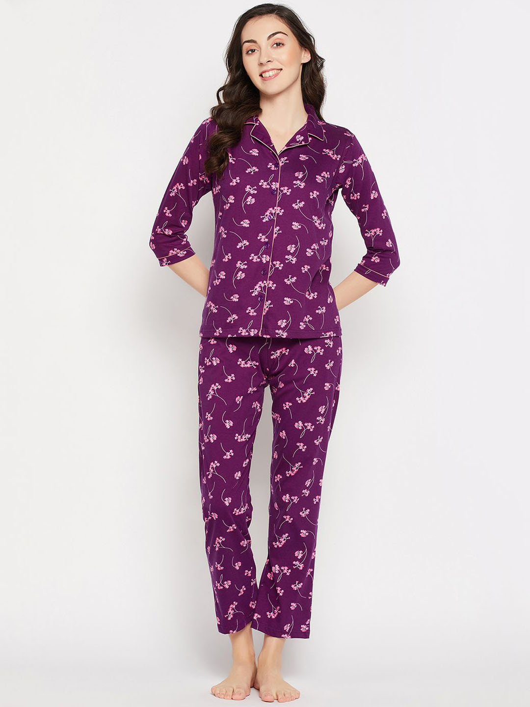 

Clovia Printed Cotton Shirt With Pyjamas, Purple