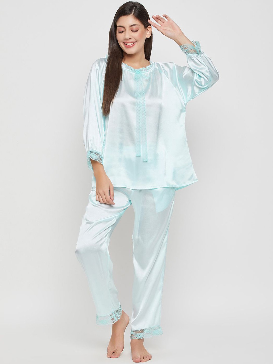 

Clovia Satin Top With Pyjamas, Blue