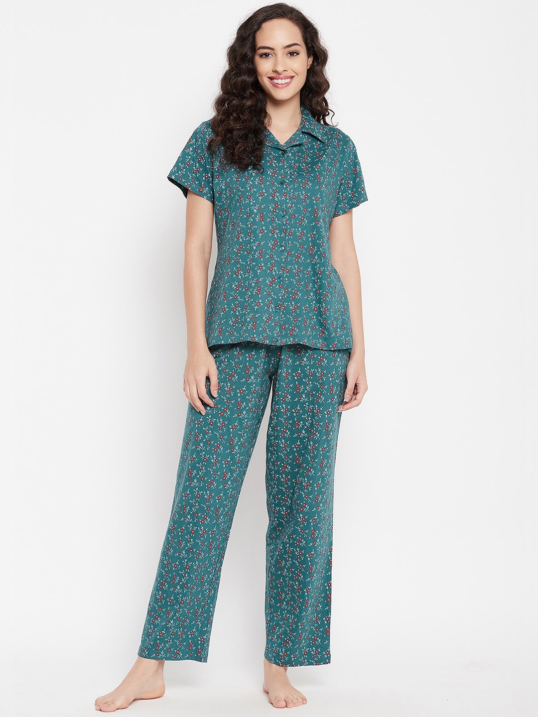 

Clovia Floral Printed Pure Cotton Night suit, Teal