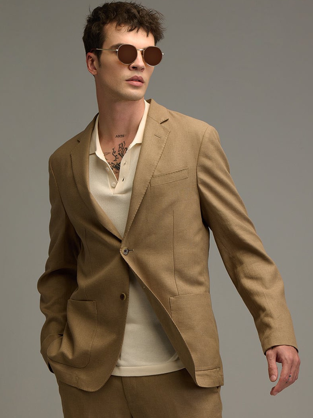 

Snitch Khaki Notched Lapel Collar Single-Breasted Blazer