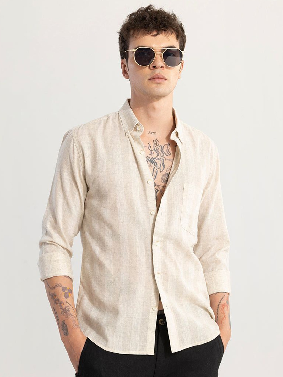 

Snitch Beige Classic Slim Fit Checked Button-Down Collar Cotton Linen Casual Shirt
