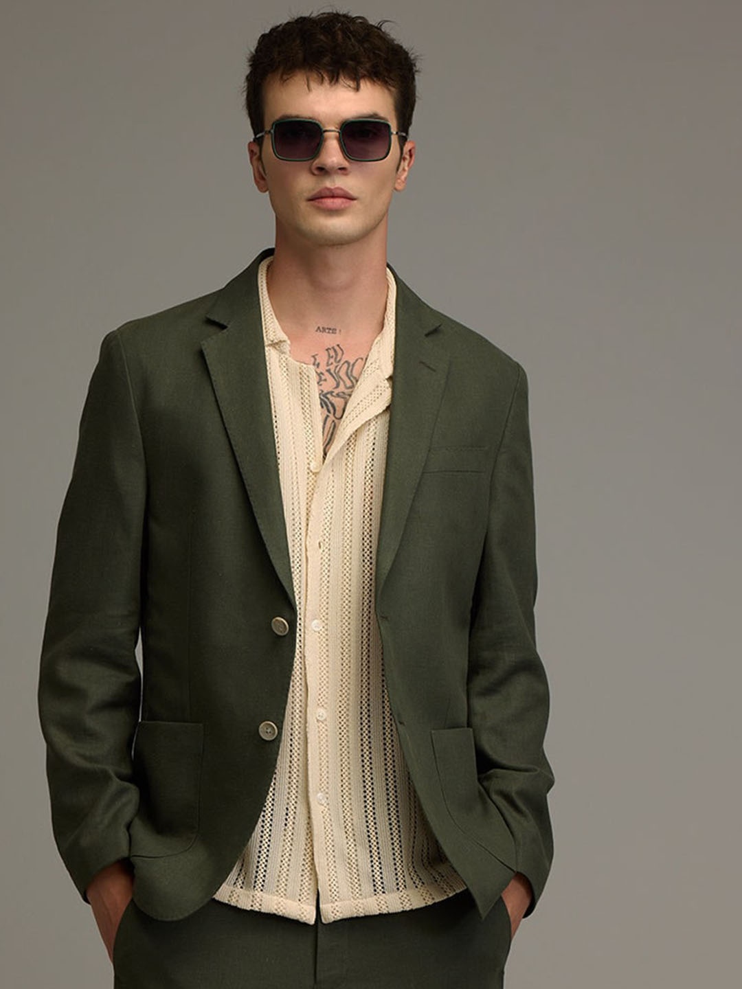 

Snitch Notched Lapel Collar Single Breasted Blazer, Olive